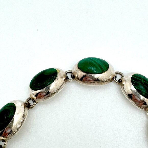 Vtg Mexico 925 Sterling Silver Malachite Bracelet 7.5 Oval Links Toggle Clasp - Picture 8 of 13